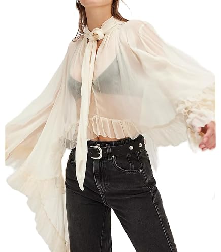 Inzegao Women Sheer Chiffon Long Sleeve Shirts Ruffle Bubble